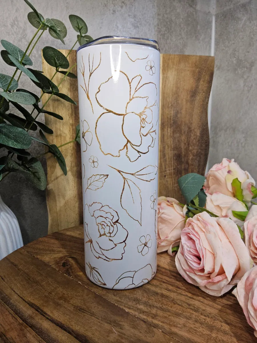 Mum Floral Tumbler, Blue & Gold, Insulated 20oz Skinny Tumbler