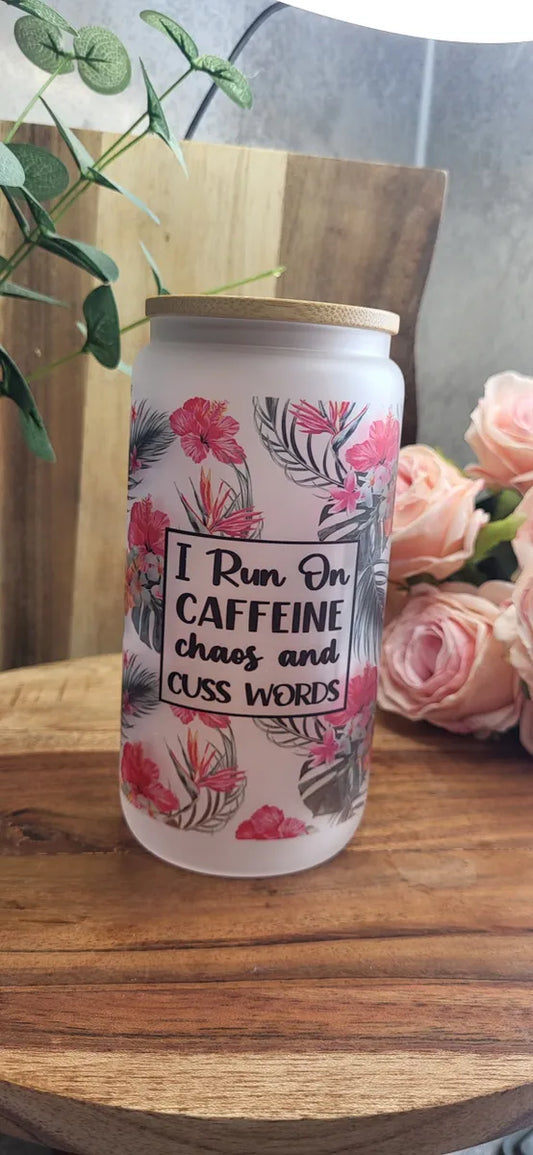 Caffeine and chaos 16oz Libbey Glass Can: Frosted Iced Coffee Cup