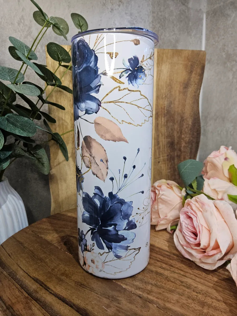Personalised Floral Tumbler for Mum: Blue & Gold 20oz Skinny Tumbler