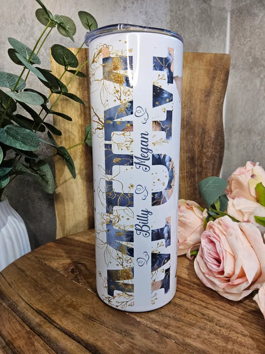 Personalised Floral Tumbler for Mum: Blue & Gold 20oz Skinny Tumbler