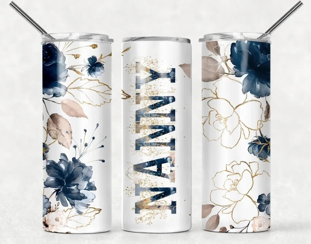 Personalised Floral Tumbler for Mum: Blue & Gold 20oz Skinny Tumbler