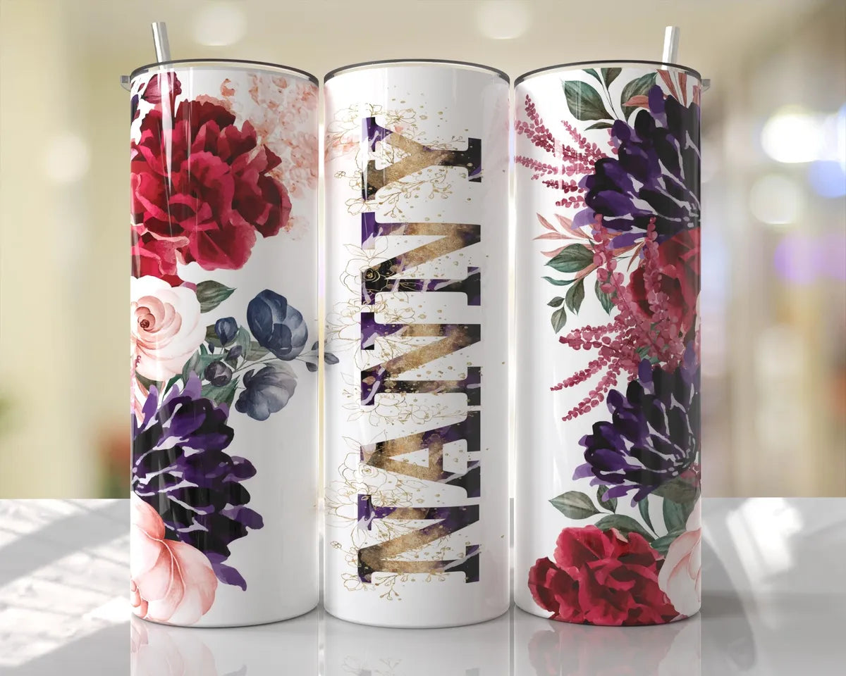 Floral Mum Tumbler: Red and Purple 20oz Skinny Tumbler