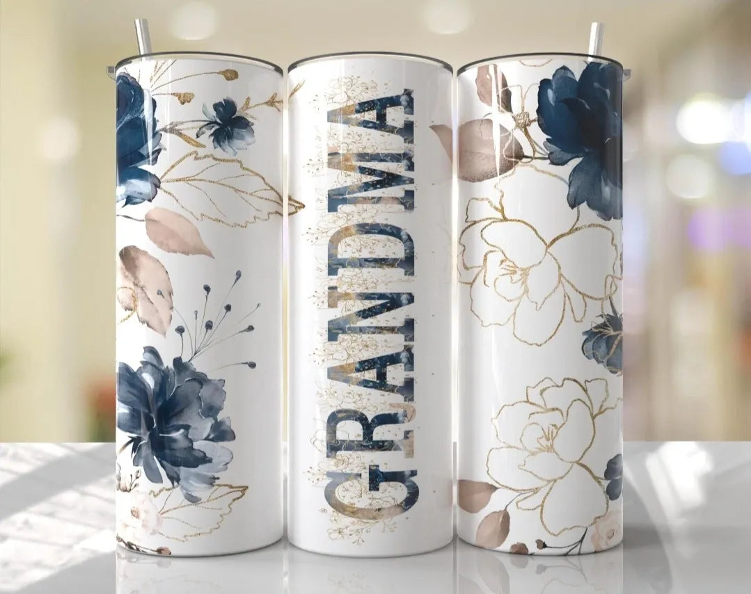 Personalised Floral Tumbler for Mum: Blue & Gold 20oz Skinny Tumbler