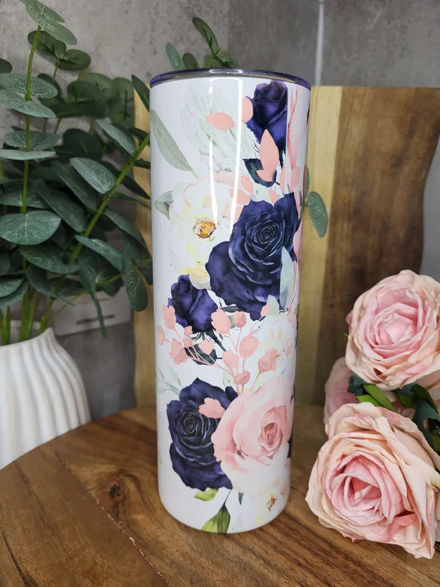 Floral Mum Tumbler: Navy Blue & Blush Pink, 20oz Skinny Insulated