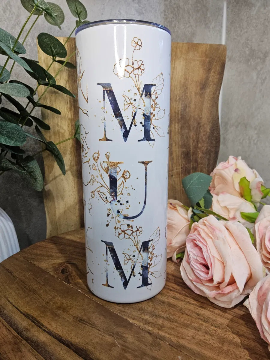 Mum Floral Tumbler, Blue & Gold, Insulated 20oz Skinny Tumbler