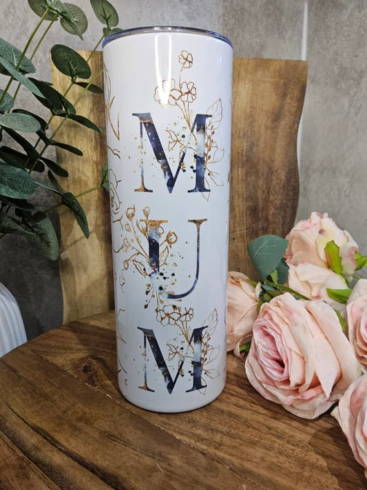 Mum Floral Tumbler, Blue & Gold, Insulated 20oz Skinny Tumbler